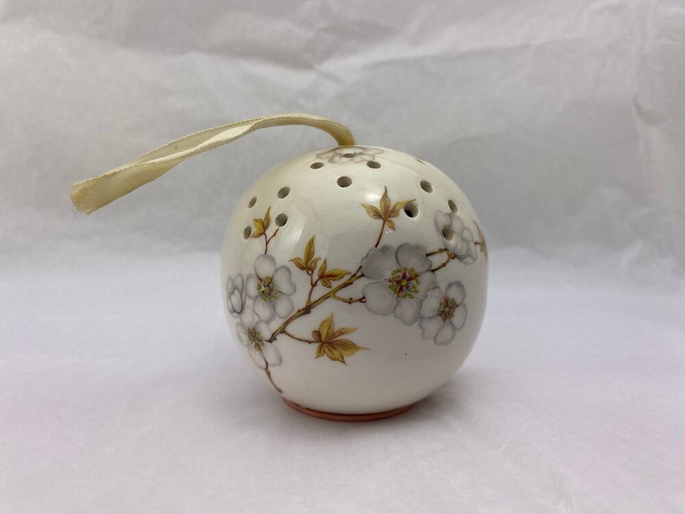 Vintage Pierced Ceramic Sphere Ornament Floral Gold Accent 3 Inch